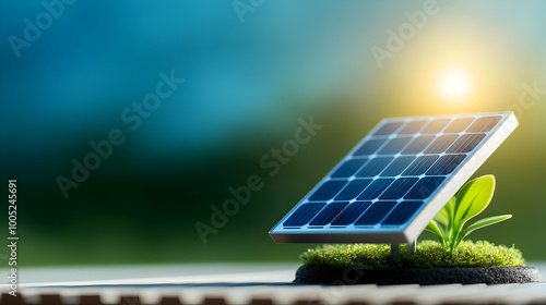 Solar panel on green grass with sunlight, symbolizing renewable energy and sustainability.
