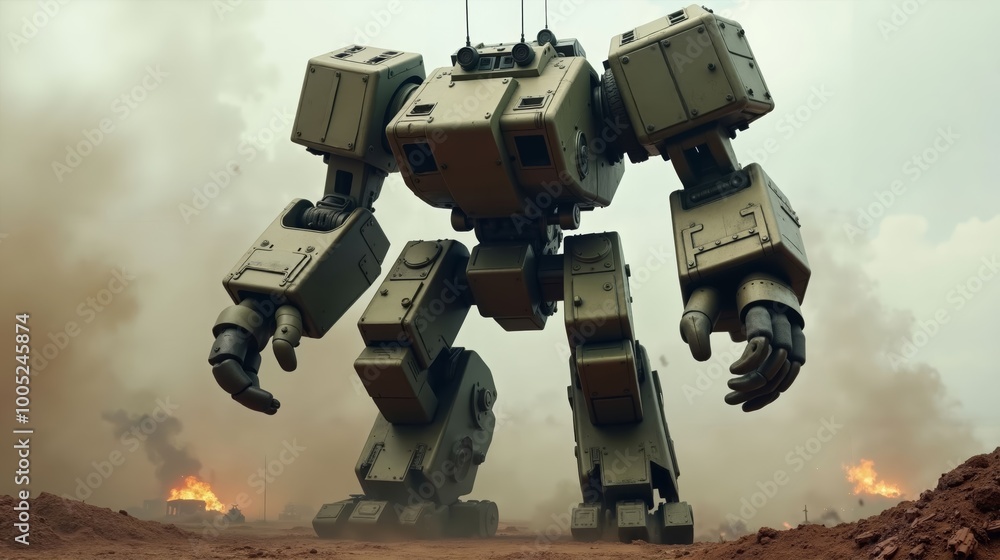 Towering Armored War Machine with Claw Appendages in Battlefield Towering Armored War Machine with Claw Appendages in Battlefield