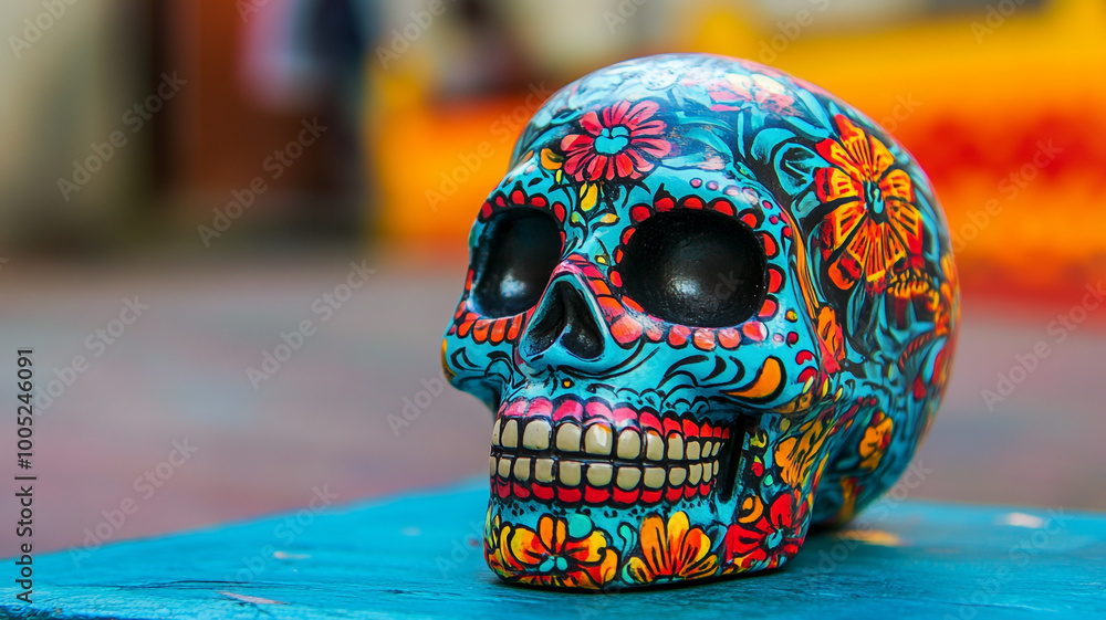 Vibrant sugar skull decorated for Day of the Dead celebration in a lively Mexican setting Vibrant sugar skull decorated for Day of the Dead celebration in a lively Mexican setting