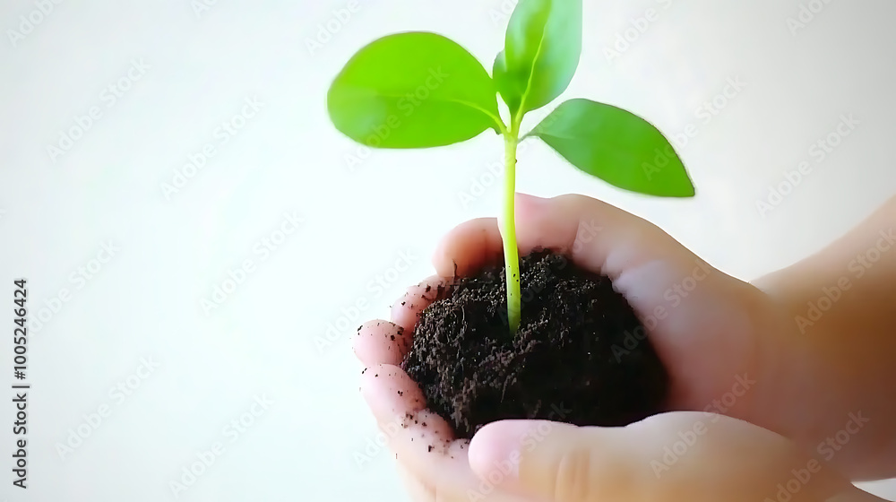 Hands holding soil with young seedling
