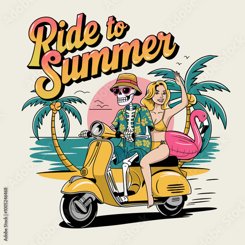 Summer Ride Retro Beach Vibes – Skeleton and Bikini Girl on Scooter Illustration