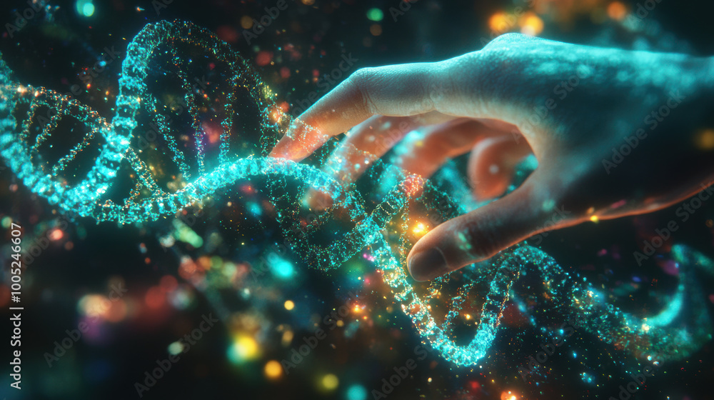 hand controlling holographic DNA strand, showcasing vibrant colors and intricate details, evokes sense of wonder and innovation in biotechnology hand controlling holographic DNA strand, showcasing vibrant colors and intricate details, evokes sense of wonder and innovation in biotechnology
