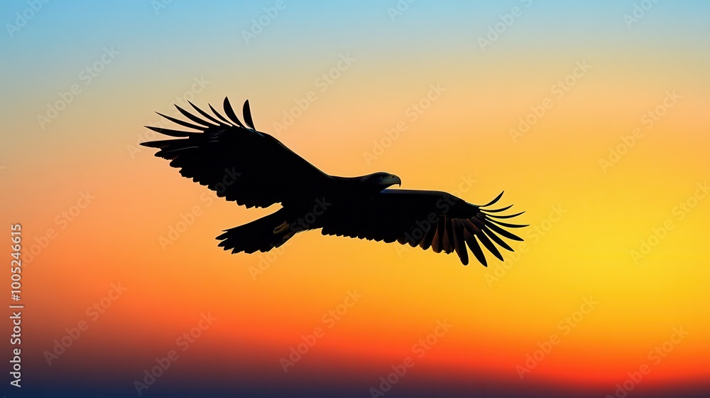 Obraz premium Golden Eagle Silhouette Soaring Against a Vibrant Sunset Sky.