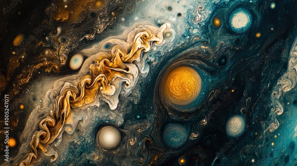 Close-up of Jupiter atmosphere, revealing the intricate patterns of swirling clouds, colorful gas bands, and storm formations Close-up of Jupiter atmosphere, revealing the intricate patterns of swirling clouds, colorful gas bands, and storm formations
