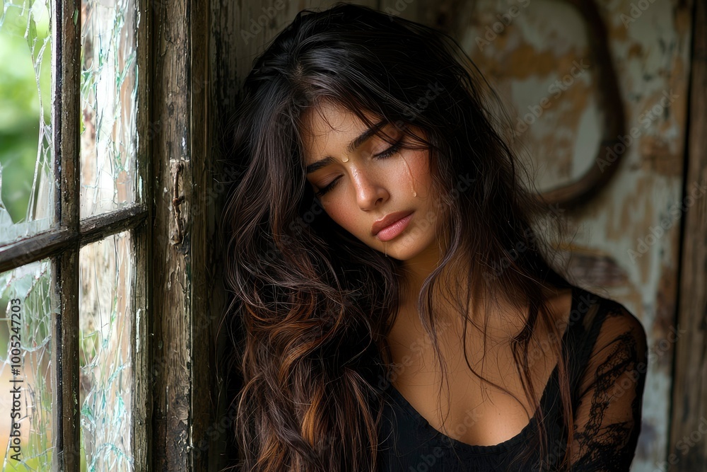 Woman with Long Hair Leaning Against a Broken Window Woman with Long Hair Leaning Against a Broken Window