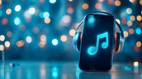 Vibrant smartphone with headphones, glowing music note on screen, blurred colorful background. photo