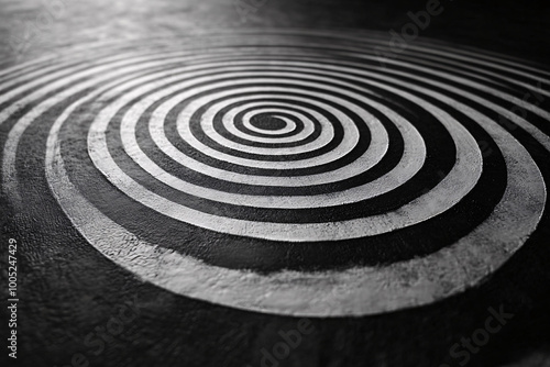 black and white spiral pattern on concrete floor - abstract background, graphic, design