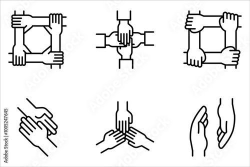 Set of teamwork icons. solidarity symbol, collaboration, unity hands. Partnership, business friendship on white background