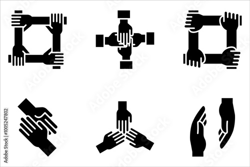 Set of teamwork icons. solidarity symbol, collaboration, unity hands. Partnership, business friendship on white background