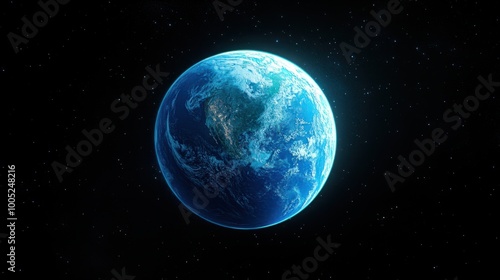 Earth from space, glowing with vibrant blue and green colors, its atmosphere faintly visible above the surface