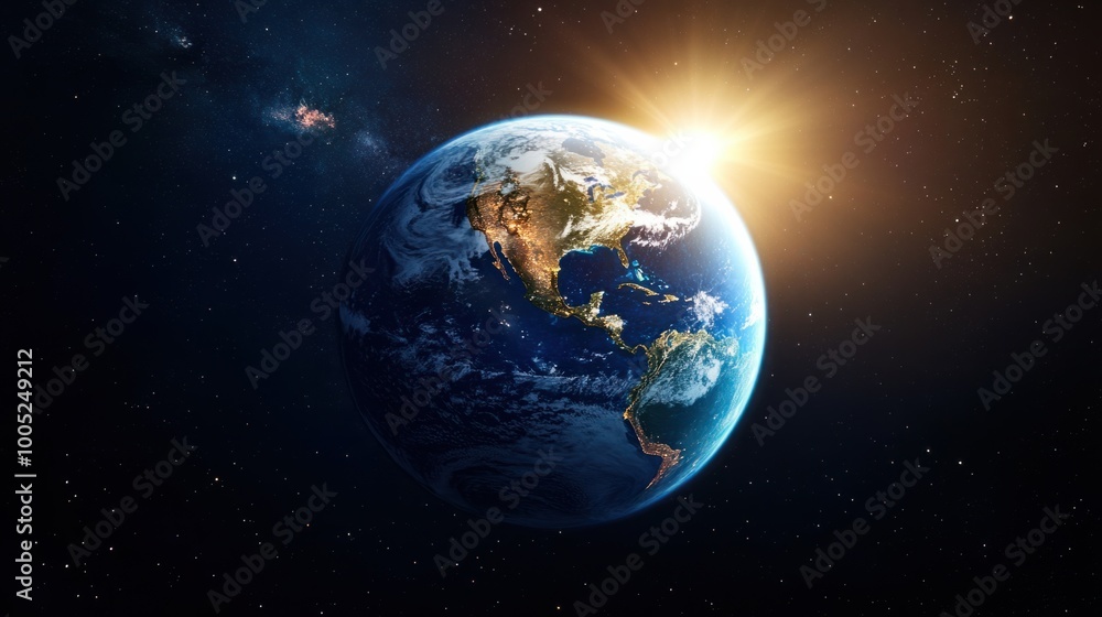 Earth blue oceans and continents seen from space, with the planet illuminated by sunlight against the darkness of the universe Earth blue oceans and continents seen from space, with the planet illuminated by sunlight against the darkness of the universe