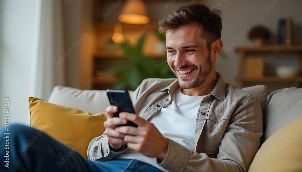 Fototapeta premium A happy, relaxed young man sitting on the couch and using his cell phone