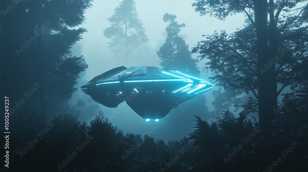 Sleek Futuristic UFO Hovering in Misty Forest Scene