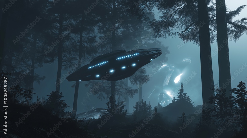 Futuristic UFO Hovering in a Mysterious Forest Futuristic UFO Hovering in a Mysterious Forest