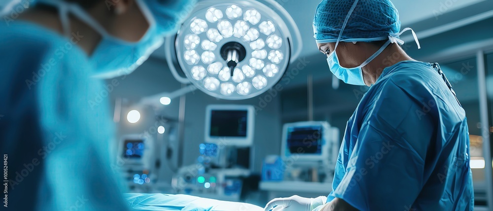 A wellequipped hospital operating room during a procedure A wellequipped hospital operating room during a procedure