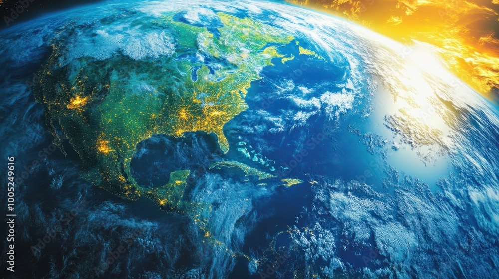 Fototapeta premium Earth continents seen from space, with vibrant colors of land, water, and clouds illuminated by the sunlight