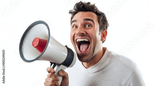 Excited man with a megaphone shouting energetically, expressing joy and enthusiasm in a white background. Communication concept. photo