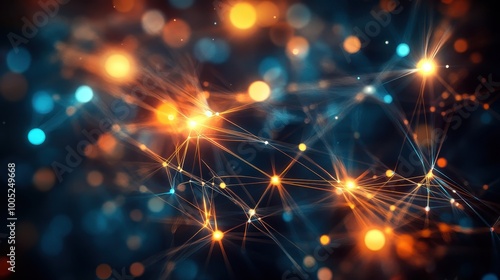 Abstract Network Background with Glowing Lights and Lines in Blue and Orange Colors.