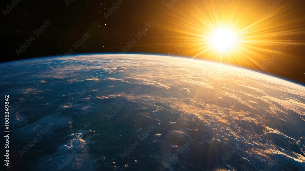 Earth curved horizon seen from space, with the Sun rays illuminating the planet atmosphere and surface Earth curved horizon seen from space, with the Sun rays illuminating the planet atmosphere and surface