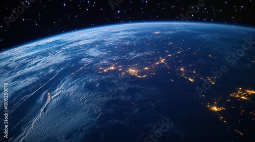 Earth night side seen from space, with city lights glowing across the continents and faint clouds moving over the oceans