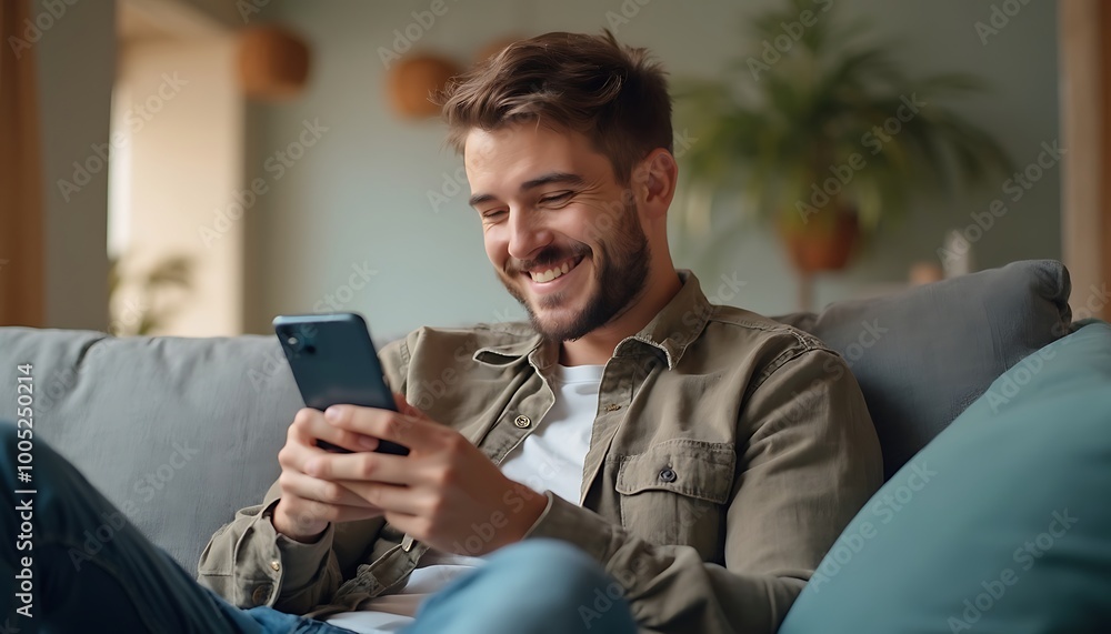 A happy, relaxed young man sitting on the couch and using his cell phone A happy, relaxed young man sitting on the couch and using his cell phone