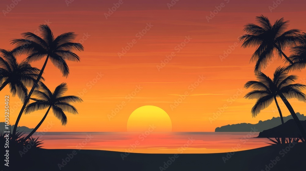 Sunset over a tropical beach with palm trees. Sunset over a tropical beach with palm trees.