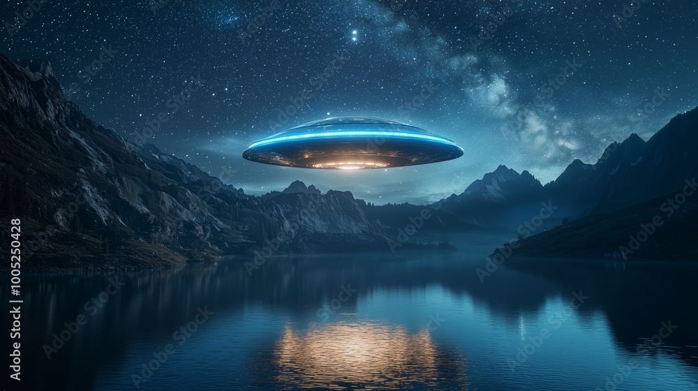 Organic 3D Render of UFO over Serene Landscape Organic 3D Render of UFO over Serene Landscape