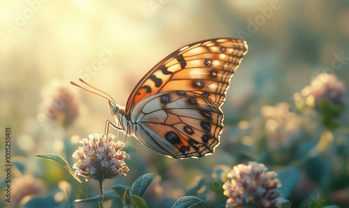 A beautiful butterfly with orange and white wings perched on a pink flower in a field with a blurry background of green and sunlight.