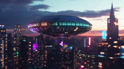 Vintage 3D Render of a Disc Shaped UFO in Cityscape