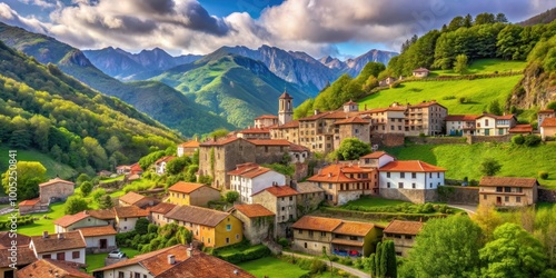 A picturesque medieval village nestled in the Asturias mountains of Spain, Bandujo, Asturias, village