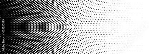Dotted halftone gradient texture. Fading wavy polka dot background. Dot curved circular pattern wallpaper. Black and white comic pop art overlay backdrop. Halftone raster wave moire effect. Vector