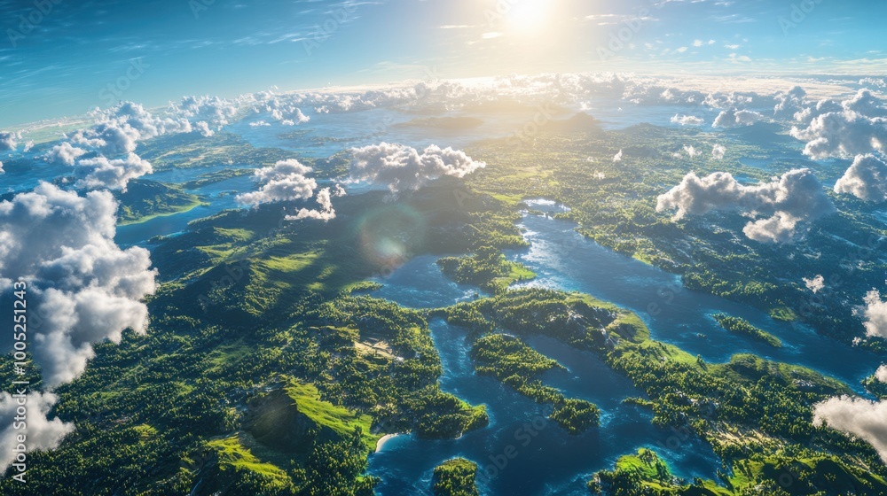 Earth surface showing a mix of green forests, blue oceans, and white clouds, all glowing under the bright sunlight Earth surface showing a mix of green forests, blue oceans, and white clouds, all glowing under the bright sunlight