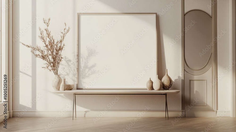 Minimalist Interior Design Mockup with White Wall, Wooden Floor, and Empty Frame.