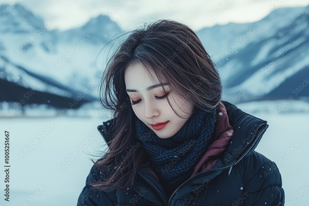 A Woman in a Black Puffer Jacket with a Scarf in a Snowy Landscape A Woman in a Black Puffer Jacket with a Scarf in a Snowy Landscape