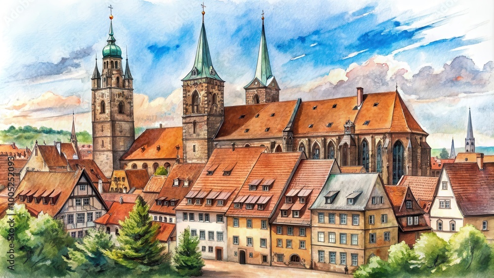 Street scene with St. Lorenz medieval church in Nuremberg, Bavaria, Germany, Sketch drawing Street scene with St. Lorenz medieval church in Nuremberg, Bavaria, Germany, Sketch drawing