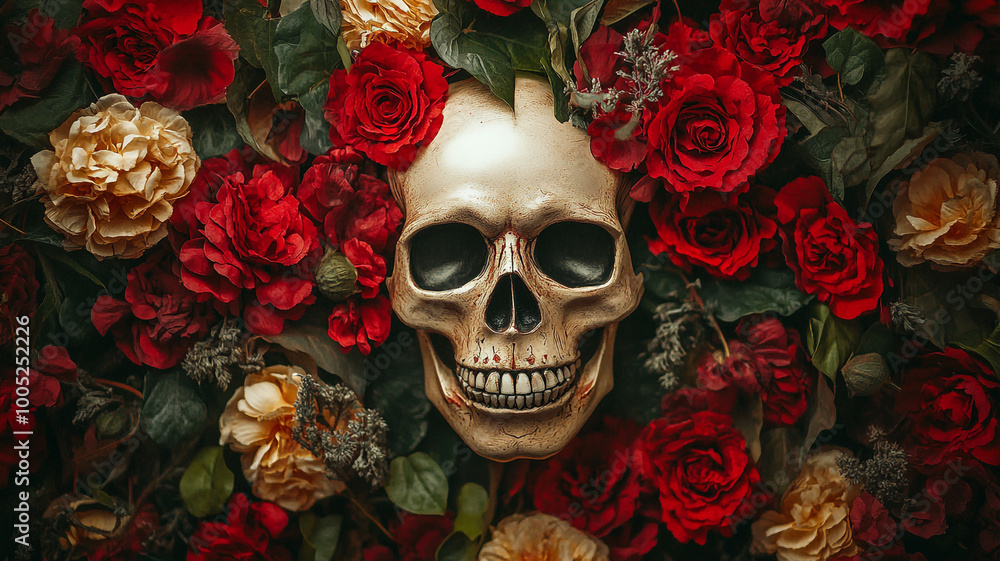 Decorative skull surrounded by vibrant roses for Day of the Dead celebration in a festive setting Decorative skull surrounded by vibrant roses for Day of the Dead celebration in a festive setting