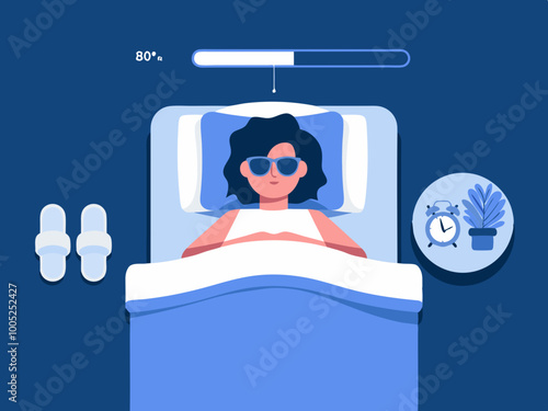 Person sleeping with sleep progress bar and bedside items