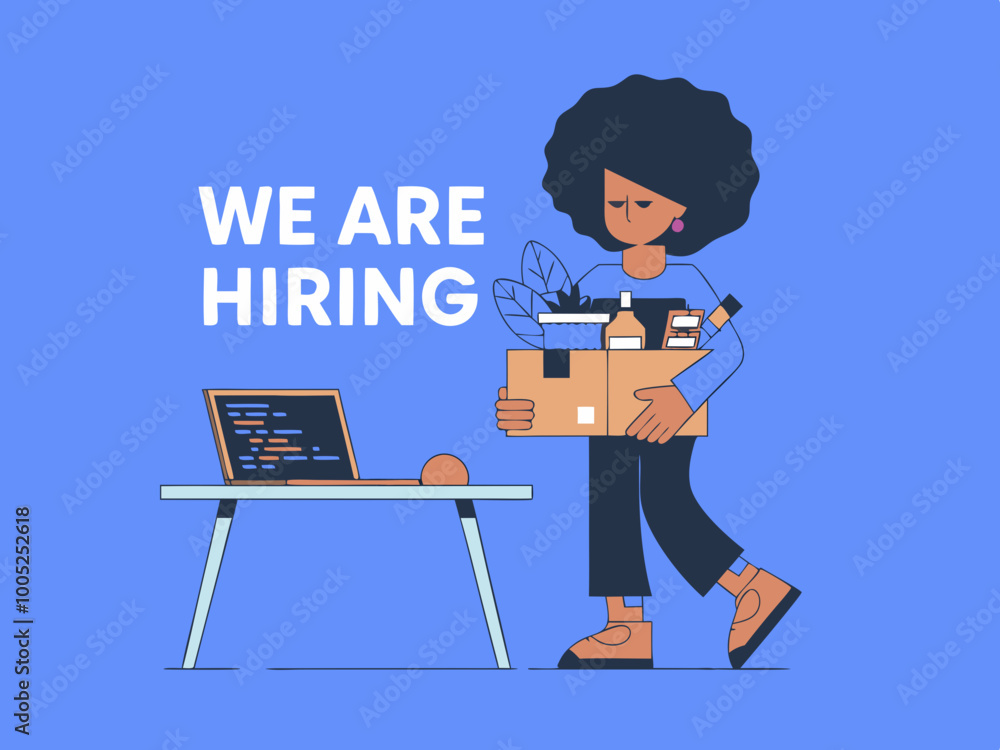 We Are Hiring illustration with person carrying office supplies We Are Hiring illustration with person carrying office supplies