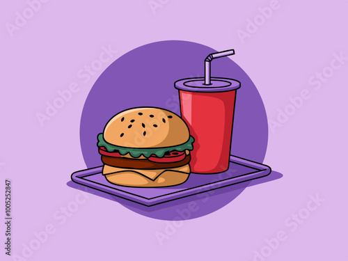 Burger and drink illustration on a tray