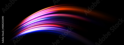 Glowing neon light trail background. Bright pink purple speed lines. Colorful luminous curved swirl concept. Abstract spiral dynamic rotating stripes. Curve streaks for poster, banner, flyer. Vector