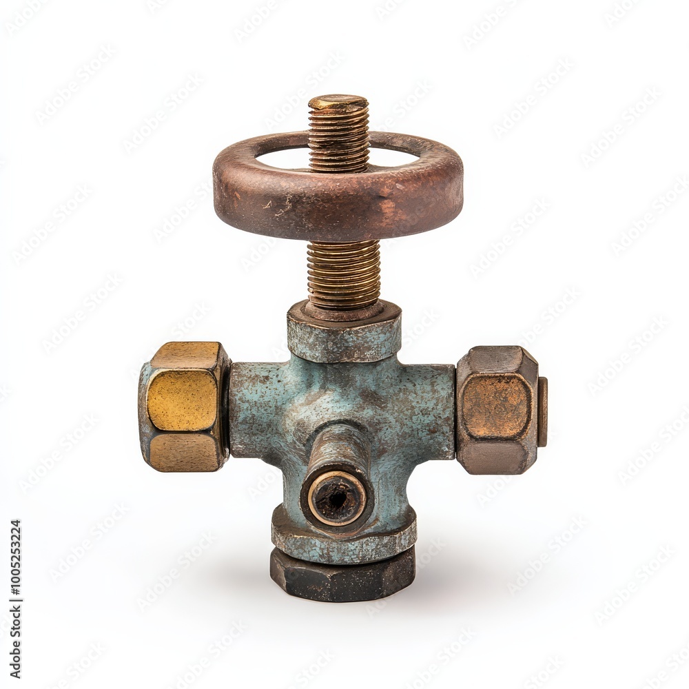 High-resolution image of a brass valve with rust and patina, isolated on a white background, ideal for industrial themes. High-resolution image of a brass valve with rust and patina, isolated on a white background, ideal for industrial themes.