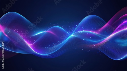 Abstract Blue and Pink Neon Light Wave with Glowing Particles Background.