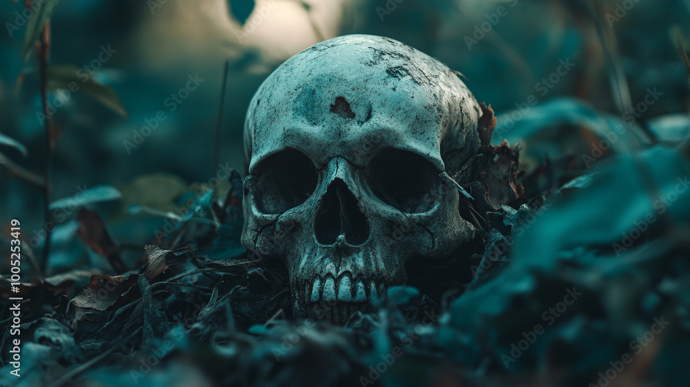 Celebrating Day of the Dead with a decorated skull resting on vibrant foliage in a serene garden Celebrating Day of the Dead with a decorated skull resting on vibrant foliage in a serene garden