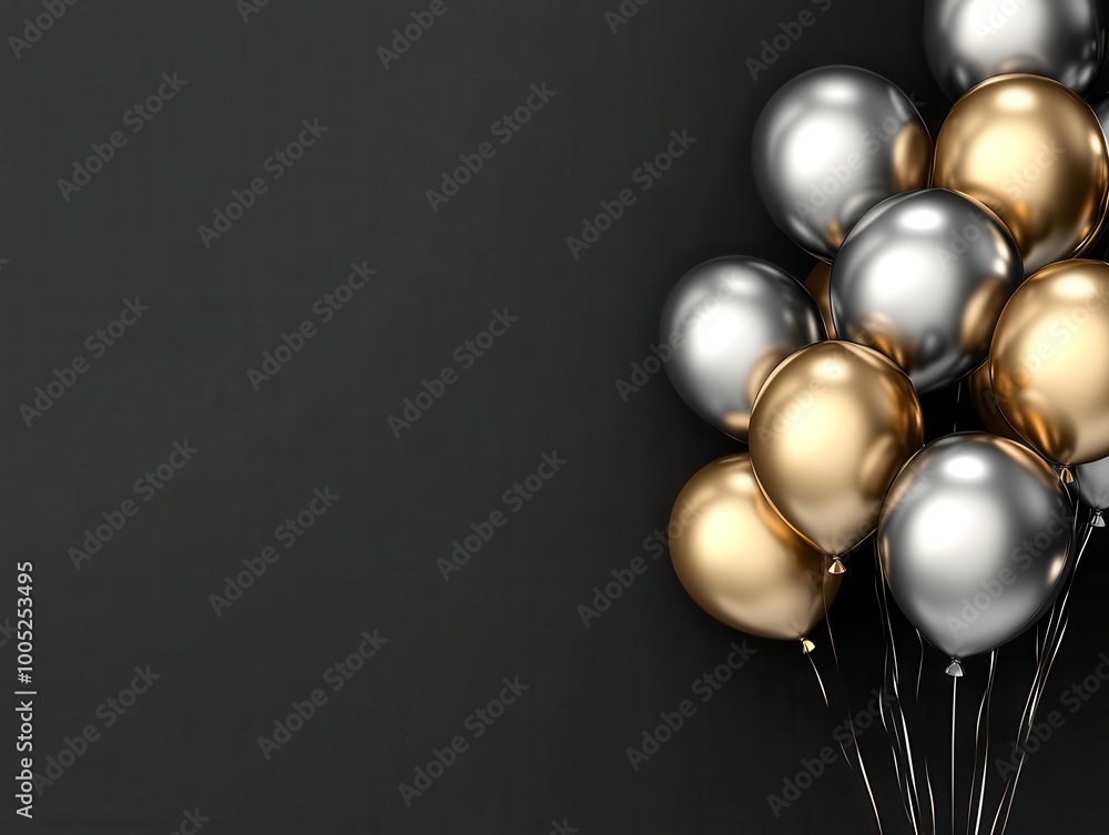 Gold and Silver Balloons on Black Background with Copy Space - Celebration, Party, Event Design. Gold and Silver Balloons on Black Background with Copy Space - Celebration, Party, Event Design.
