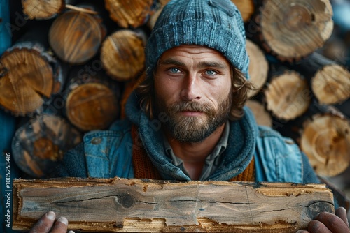 Dedicated carpenter using handsaw to cut wooden beam against a blue background in woodcraft scene