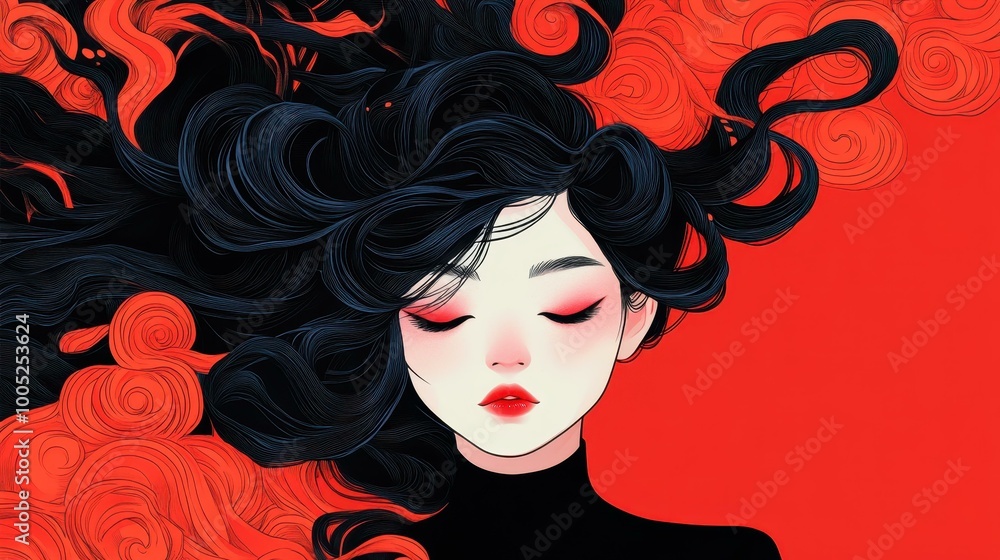 A mesmerizing illustration of an Asian witch woman, featuring intricate details against a clean, simple backdrop.