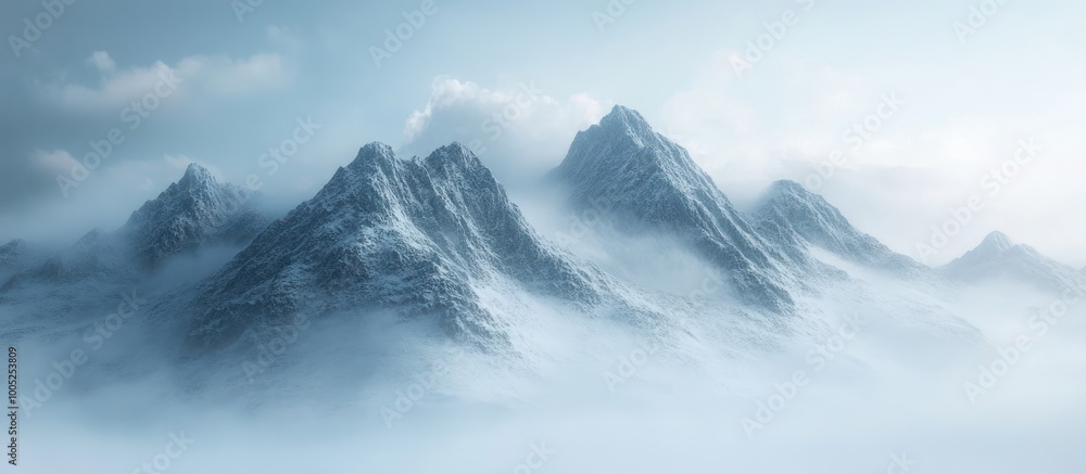 Misty mountain peaks shrouded in clouds, with a soft, blue sky. Misty mountain peaks shrouded in clouds, with a soft, blue sky.