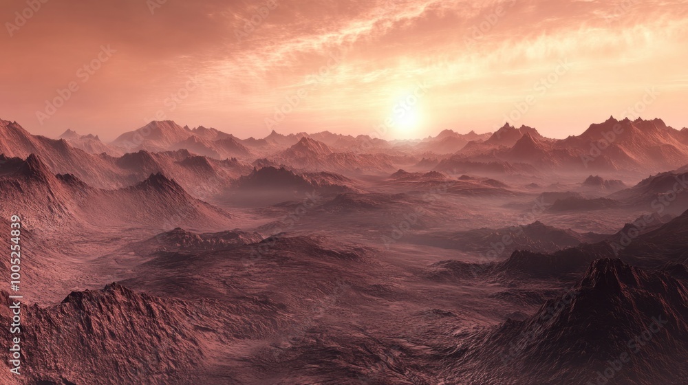 Naklejka premium Mars surface with deep valleys and jagged rocks under a soft pinkish sky, illuminated by the faint glow of the distant Sun