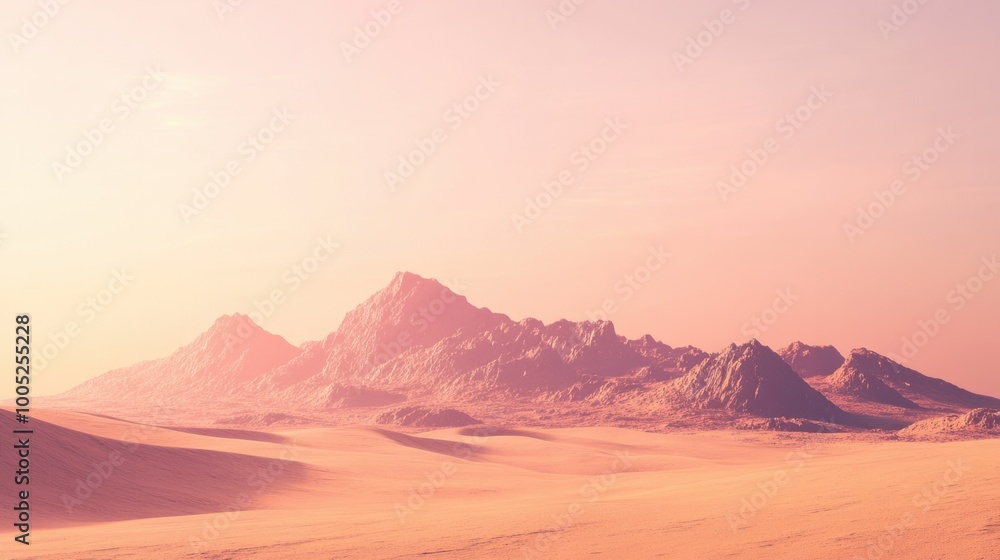 Naklejka premium Mars surface with massive sand dunes and rocky outcrops scattered across the desert plains beneath a soft pink sky