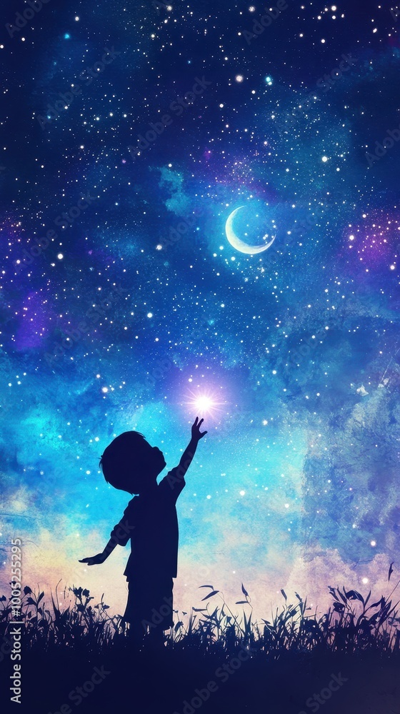 Child Reaching for Stars in Night Sky with Crescent Moon - Dreamy Watercolor Illustration. Child Reaching for Stars in Night Sky with Crescent Moon - Dreamy Watercolor Illustration.